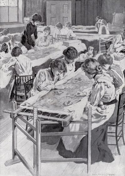 Alunos da Escola Real de Arte Bordada Bordando os Reis da Coroação da Veste de William Henry Margetson