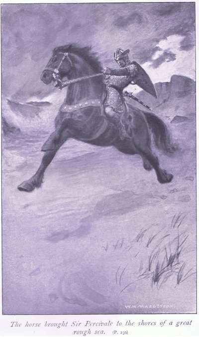 O cavalo trouxe Sir Percivale para as margens de um grande mar agitado de William Henry Margetson
