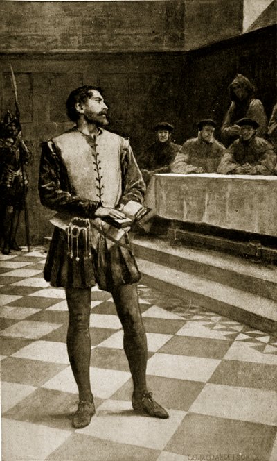 O julgamento de Adam Wallace, 1550, ilustração da "Hutchinson&39;s Story ofthe British Nation", c.1923 de William Henry Margetson