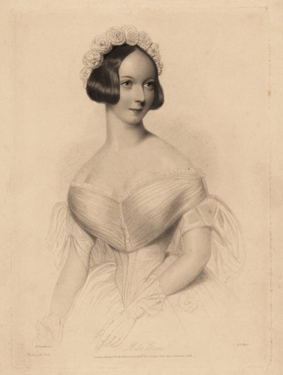 Senhorita Gore. Vestido ombro a ombro com cintura justa, cabelo decorado com uma guirlanda de rosas. Gravura pontilhada de aço por William Henry Mote após uma ilustração de William Drummond de Charles Heath’s English Pearls, or Portraits for the Boudoir, T de William Henry Mote