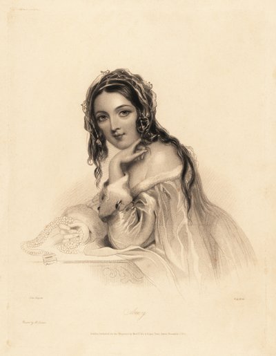Retrato de Amy. Beleza vestindo um véu sobre cabelo comprido, vestido de ermine-trim off-theshoulder, segurando um colar de pérolas. Gravura de ponta de aço de William Henry Mote após uma ilustração de John Hayter de Charles Heath