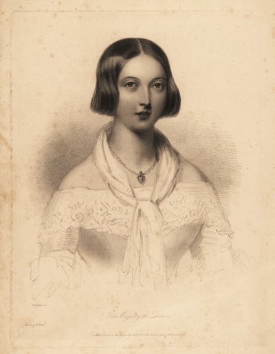Jovem Rainha Vitória, 20 e poucos anos. Gravura de ponta de aço por William Henry Mote após uma ilustração de William Drummond de Charles Heath