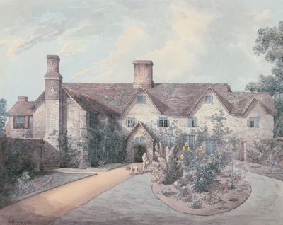 Um, menino, tocando, um, tambor, jardim, de, um, casa rural, 1793, (pen, tinta, com, wc, sobre, grafite, ligado, paper) de William Henry Pyne