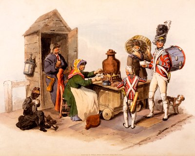 Uma vendedora da Sallop servindo bebidas quentes aquecidas, de "The Costumes of Great Britain", 1808 de William Henry Pyne