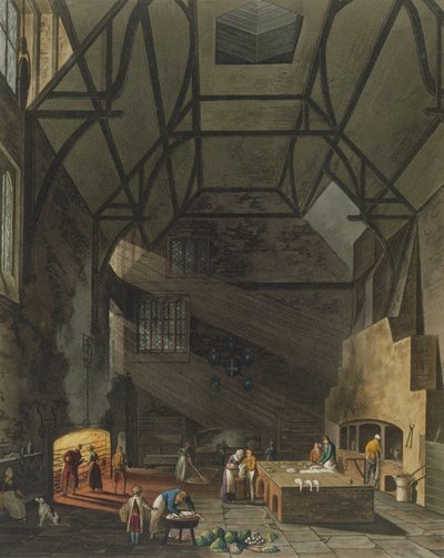 Interior da cozinha, faculdade do trinity, Cambridge, da história de Cambridge, gravada por Joseph Constantine Stadler (fl.1780-1812), bar. por R. Ackermann, 1815 (cor aquatint) de William Henry Pyne