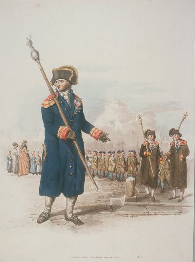Beadle paroquial em traje cívico segurando um bastão, 1805 de William Henry Pyne