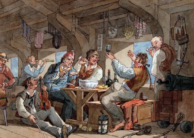 Marinheiros a beber a bordo do convés inferior do seu navio, cena com violinista e fumador de cachimbo, linho deitado numa corda e equipamento de bordo (espada, pistola, canhão, candeeiro) de William Henry Pyne