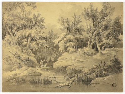 Duas figuras a fazer pontaria no riacho do bosque de William Henry Pyne