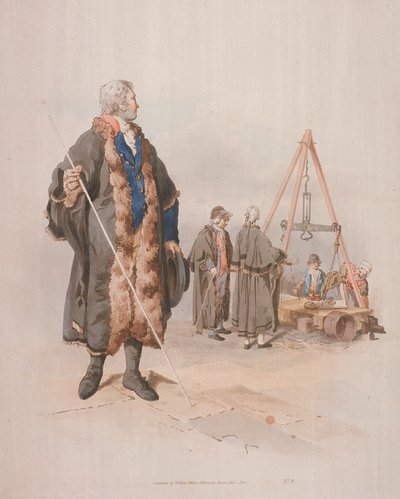 Ward Beadle em traje cívico, segurando um bastão, numa Wardmote Inquest, 1805 de William Henry Pyne