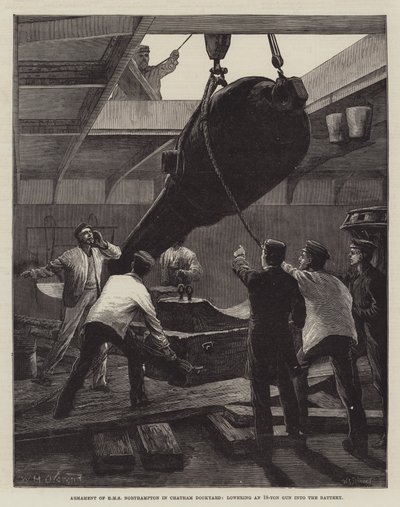 Armamento do HMS Northampton no estaleiro de Chatham, abaixando uma arma de 18 toneladas na bateria de William Heysham Overend