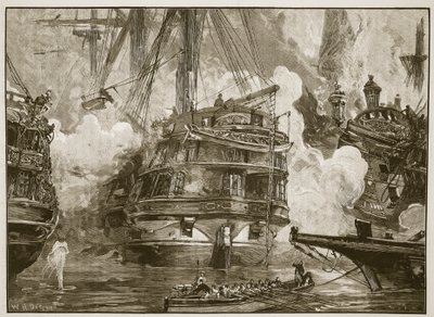 Batalha de Navarino: A &39;Ásia&39; envolvendo os navios do Capitão Bey e Mohurrem Bey, ilustração de &39;História Ilustrada de Cassell da Inglaterra&39; (foto sépia) de William Heysham Overend