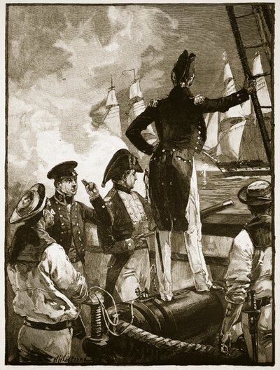 Capitão Walpole interceptando os navios do duque de Saldanha, ilustração da &39;História Ilustrada de Cassell na Inglaterra&39; (foto sépia) de William Heysham Overend