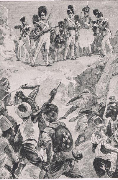 Seguidores de Carmichaels lançaram um voleio no denso aglomerado de homens: Batalha de Bharatpur 1826, ilustração das Batalhas Britânicas na Terra e no Mar, 1915 de William Heysham Overend