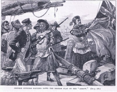 Oficiais chineses puxando a bandeira britânica na "Arrow" 1856 AD de William Heysham Overend