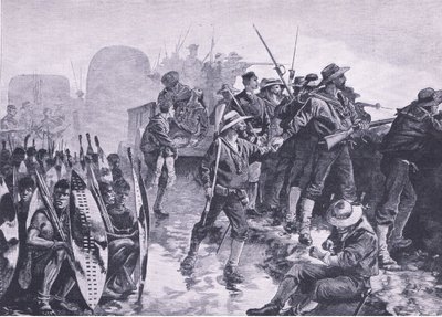 Defendendo um laager contra um ataque de Zulu, ilustração das batalhas britânicas na terra e no mar, 1915 de William Heysham Overend
