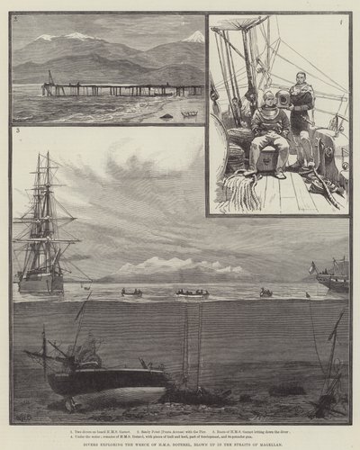 Mergulhadores, explorando, a, naufrágio, de, HMS, Doterel, explodido, em, a, estreitos, de, magellan de William Heysham Overend