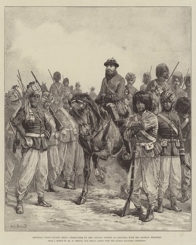 General Ghous-ud-din Khan, comandante das tropas afegãs em Penjdeh, com seus soldados afegãos de William Heysham Overend