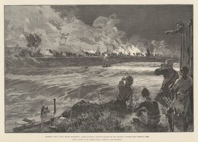 Expedição de Socorro de Emin Pasha, em Stanley, os árabes invadem uma aldeia indígena no Aruwimi, em frente ao Campo de Yambuya de William Heysham Overend