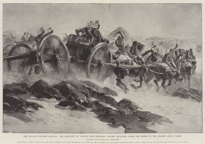 O avanço em direção a Dongola, a artilharia da coluna do coronel Burn-Murdoch, galopando pelo deserto até as alturas acima de Ferket de William Heysham Overend