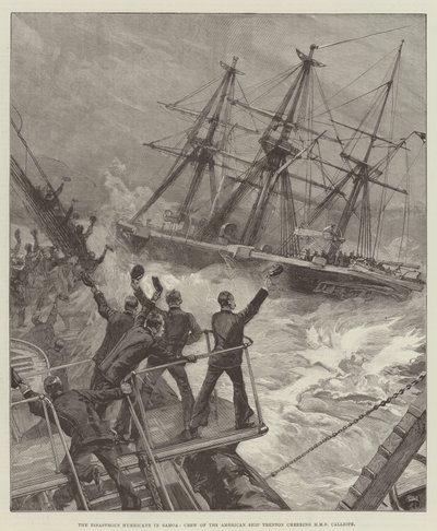 O desastroso furacão em Samoa, tripulação do navio americano Trenton torcendo HMS Calliope de William Heysham Overend