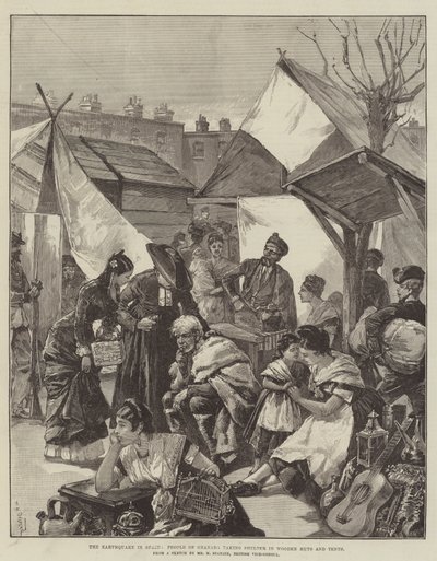 O terremoto na Espanha, o povo de Granada tomando abrigo em cabanas de madeira e barracas de William Heysham Overend