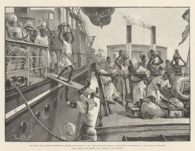 Expedição de Socorro a Emin Pasha em Banana Point, 18 de março de 1887, o navio a vapor Madura transferindo passageiros para um barco a vapor do rio Congo de William Heysham Overend