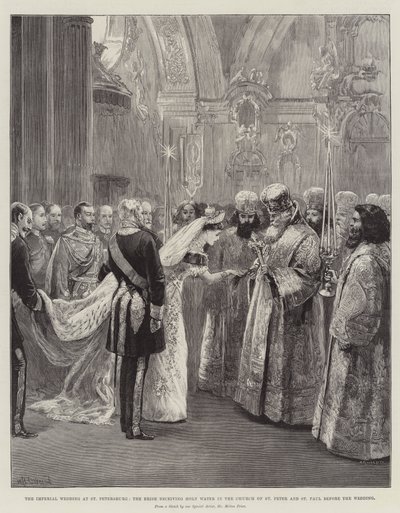 O casamento imperial em São Petersburgo, a noiva recebendo água benta na Igreja de São Pedro e São Paulo antes do casamento de William Heysham Overend