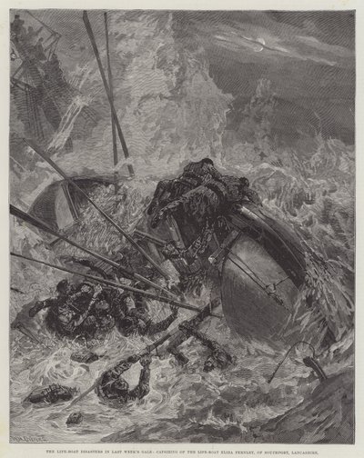 Os Desastres de Barco-Vida no vendaval da semana passada, Emborcamento do Barco-Vida Eliza Fernley, de Southport, Lancashire de William Heysham Overend