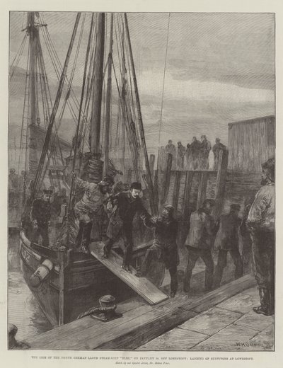 A perda do alemão Lloyd Steam-Ship Elbe do norte, em 30 de janeiro, fora de Lowestoft, Landing of Survivors em Lowestoft de William Heysham Overend
