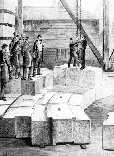 O novo farol de Eddystone: O estabelecimento de corte de pedras em Oreston, ilustração de "The Illustrated London News", 1879 de William Heysham Overend