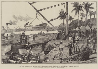 A, nile, expedição, barcaças, descarregando, barcos, ligado, a, nile, em, elephantine, ilha, Assouan de William Heysham Overend