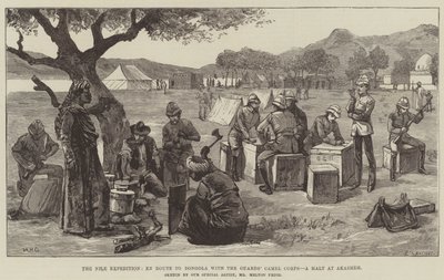A Expedição do Nilo, a caminho de Dongola com o Corpo de Camelos dos Guardas, uma parada em Akasheh de William Heysham Overend