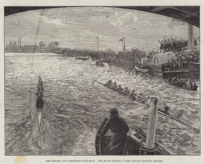 Oxford e Cambridge Boat-Race, os barcos passando sob a ponte ferroviária de Barnes de William Heysham Overend