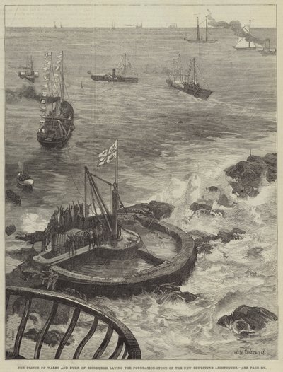 O Príncipe de Gales e Duque de Edimburgo, que estabelece a Fundação-Pedra do Farol New Eddystone de William Heysham Overend
