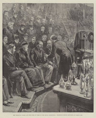 O Príncipe de Gales e o Duque de York na Royal Institution, Professor Dewar, dando palestras sobre a Liquid Air de William Heysham Overend