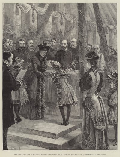 O Príncipe de Gales no Hospital St Mary, Paddington, 17 de dezembro, a Princesa Maud recebendo bolsas para a Ala Clarence de William Heysham Overend
