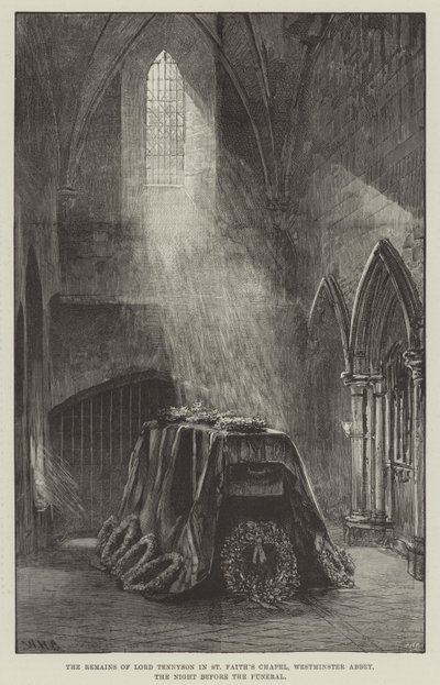 Os restos do senhor Tennyson na capela de St Faith, abadia de Westminster, a noite antes do funeral de William Heysham Overend
