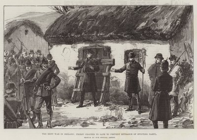 A guerra de aluguel na Irlanda, padre acorrentado a porta para impedir a entrada do partido de despejo de William Heysham Overend
