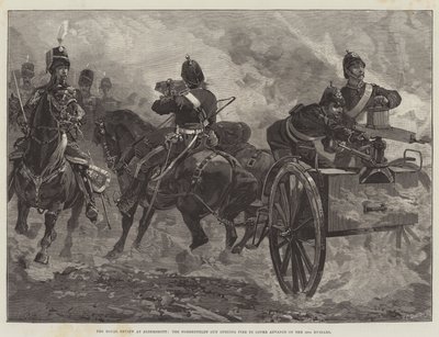 The Royal Review em Aldershott, a Arma de Nordenfeldt abrindo fogo para cobrir o avanço dos 10 hussardos de William Heysham Overend