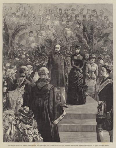 A visita real a Leeds, o príncipe e a princesa de Gales, recebendo um discurso da Leeds Corporation no Victoria Hall de William Heysham Overend