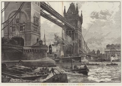 A Tower Bridge, a ser erguida sobre o rio Tâmisa, pedra fundamental colocada pelo príncipe de Gales na segunda-feira passada de William Heysham Overend