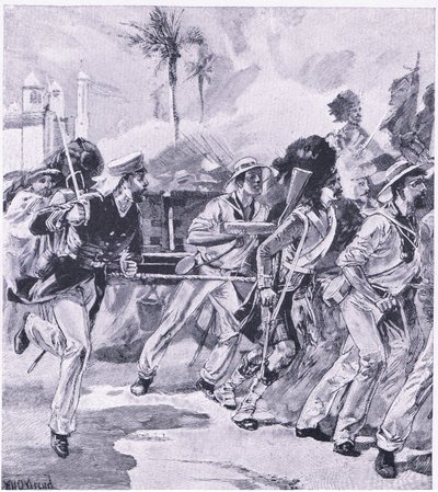 A brigada naval de HMS Shannon em Lucknow, novembro de 1857, ilustração das batalhas britânicas na terra e no mar, 1915 de William Heysham Overend