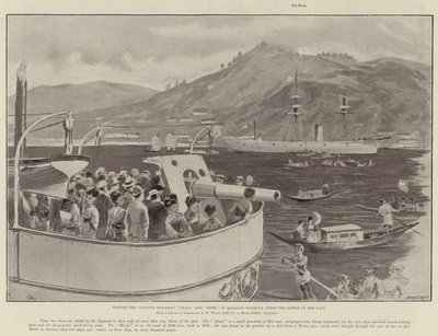 Visitando os navios de guerra japoneses Akagi e Hiyei no porto de Nagasaki, após a Batalha do Yalu de William Heysham Overend