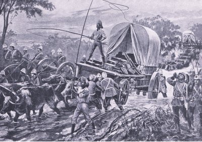 Zulu War: A Força de Socorro de Estowe atravessando um riacho, em abril de 1879, ilustração das Batalhas Britânicas em Terra e Mar, 1915 de William Heysham Overend