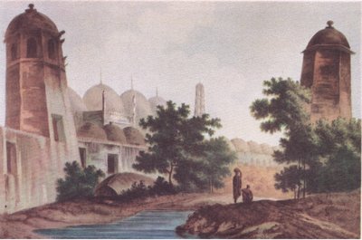 Vista da Mesquita Kutra construída por Mir Jaffier em Murshidabad (Select Views in India 1786), da British Adventure, publicada por Collins, 1947 de William Hodge