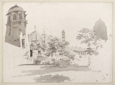 Vista do Cuttera Construído por Jaffier Cawn em Murishidbad, c.1781 (lavagem cinza e lápis sobre papel) de William Hodges