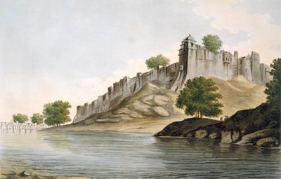 Uma vista do Forte de Ilionpoor nas margens do rio Goomty, pub. 1785-88. de William Hodges