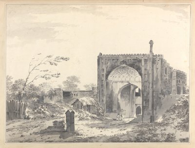 Vista do portão do caravançarai em Raje Mahel [Rajmahal] de William Hodges