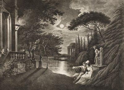 Belmont, Avenida da Casa de Portia, Ato IIV, Cena I, de &39;O Mercador de Veneza&39;, da Galeria Boydell Shakespeare, publicada no final do século XIX de William Hodges