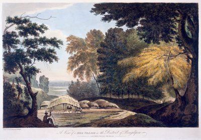 Hill Village no distrito de Bauhelepoor, 1787 (aquatinta) de William Hodges